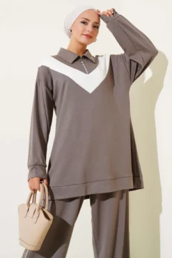Zipped V Stripe Two-Piece Set Mink بالجملة clothing set view 2 - Hicabistan مصنع تركيا