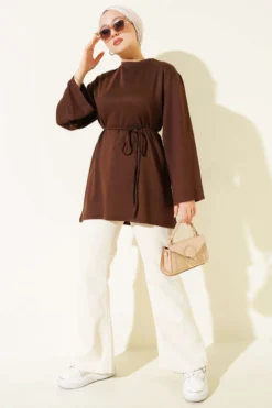 Vista alternativa di Wide Sleeve Tie Belt Tunic Brown