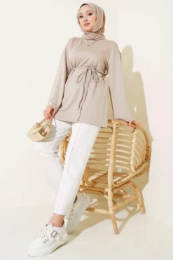 Alternatieve weergave van Wide Sleeve Tie Belt Tunic Stone