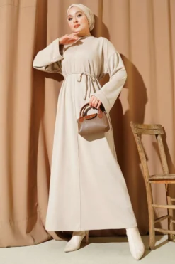 Dress with Belted Sleeves Beige Großhandel dress - Hicabistan Türkei Fabrik