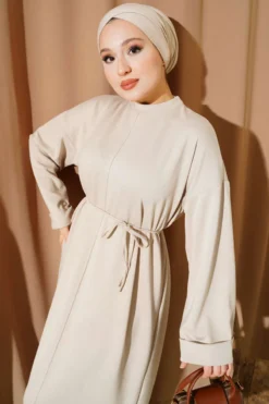 Dress with Belted Sleeves Beige Großhandel dress view 2 - Hicabistan Türkei Fabrik