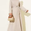 Dress with Arm Patch and Tie Belt Beige