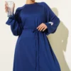 Dress with Arm Patch and Tie Belt Navy Blue wholesale dress view 2 - Hicabistan Turkey factory