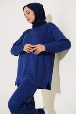 Loyşa Mini Embellished Two-Piece Set Navy Blue wholesale clothing set view 2 - Hicabistan Turkey factory