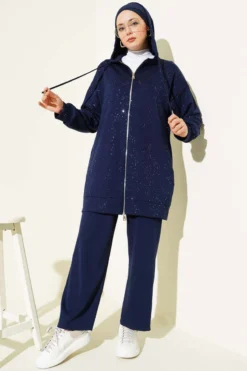 Alternative view of Loysha Glitter Detailed Hooded Two-Piece Set Navy Blue