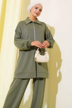 Loyşa Stone Embellished Zippered Two-Piece Set Stone بالجملة clothing set view 2 - Hicabistan مصنع تركيا