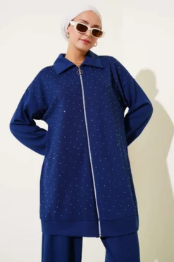 Loyşa Stone Embellished Zippered Two-Piece Set Navy Blue بالجملة clothing set view 2 - Hicabistan مصنع تركيا