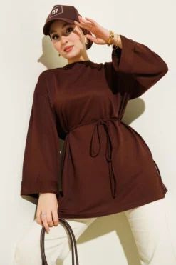 Side-Slit Belted Tunic Brown