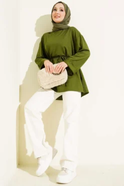 Alternative view of Side-Slit Belted Tunic Green