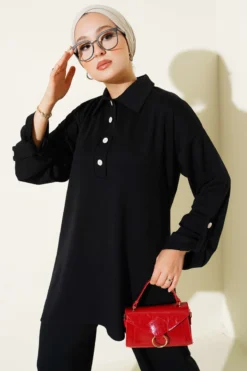 Loyşa Half Button Tunic Two-Piece Set Black wholesale clothing set view 2 - Hicabistan Turkey factory