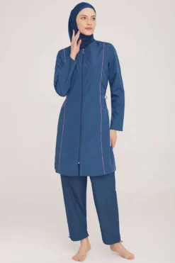 Metal Detailed Zippered Modest Swimsuit Light Navy