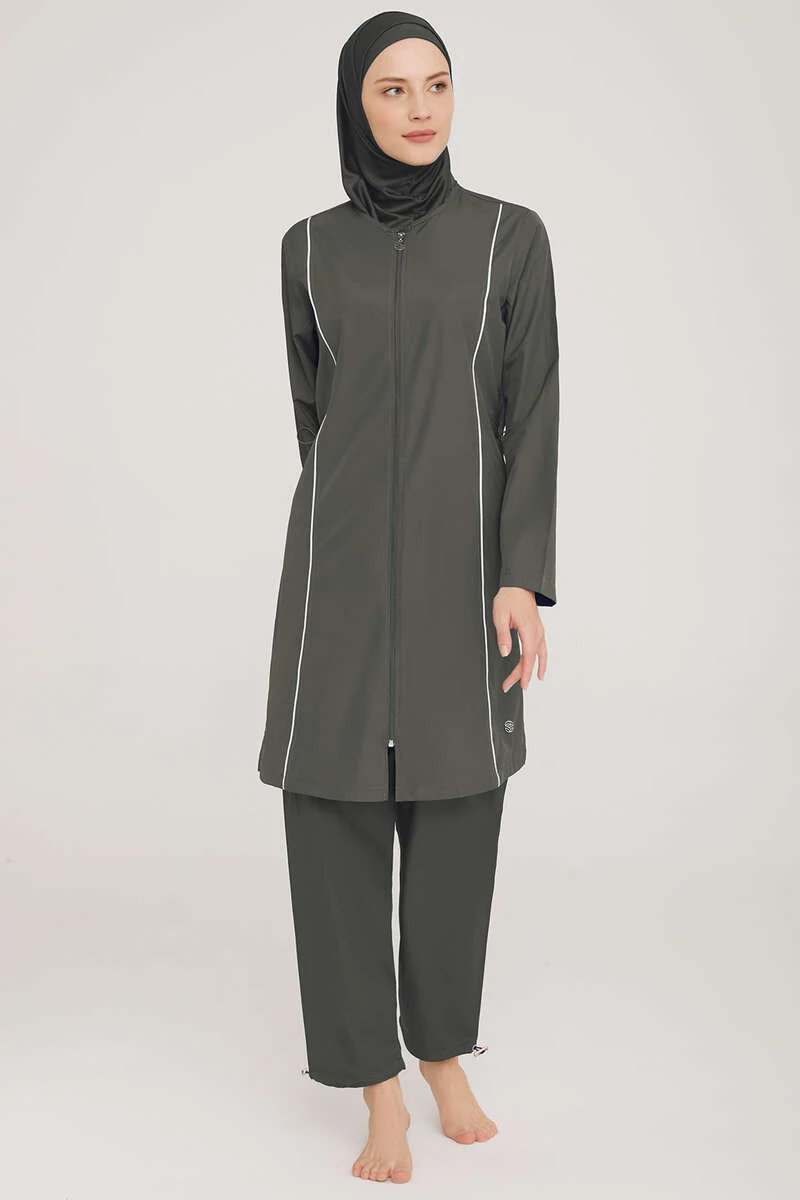 Metal Detailed Zippered Modest Swimsuit Anthracite - الصورة 2