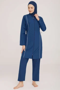 Metal Detailed Zippered Modest Swimsuit Dark Navy