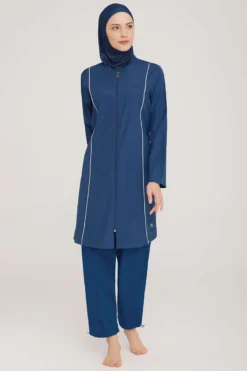 Alternative view of Metal Detailed Zippered Modest Swimsuit Dark Navy