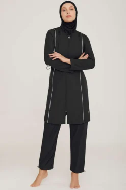 Alternative view of Metal Detailed Zippered Modest Swimsuit Black
