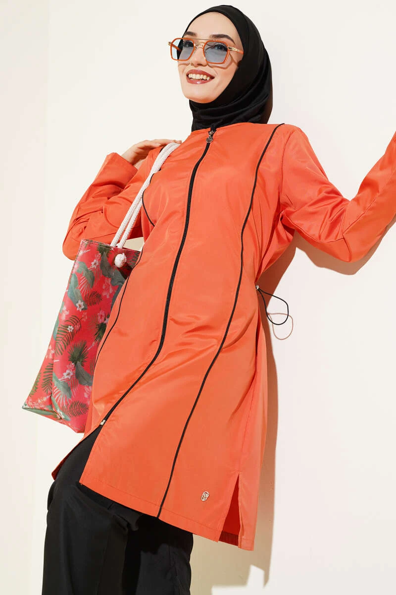 Metal Detailed Zippered Modest Swimsuit Cinnamon - الصورة 2