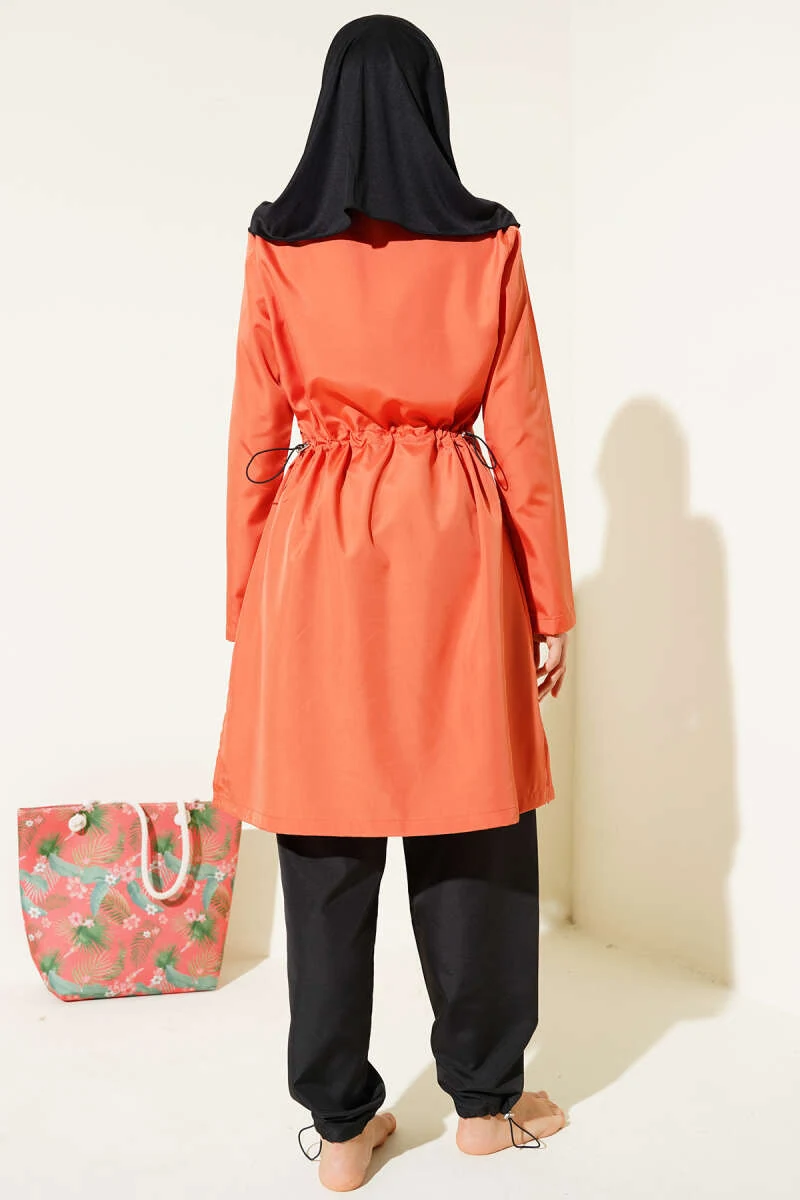 Metal Detailed Zippered Modest Swimsuit Cinnamon - الصورة 3
