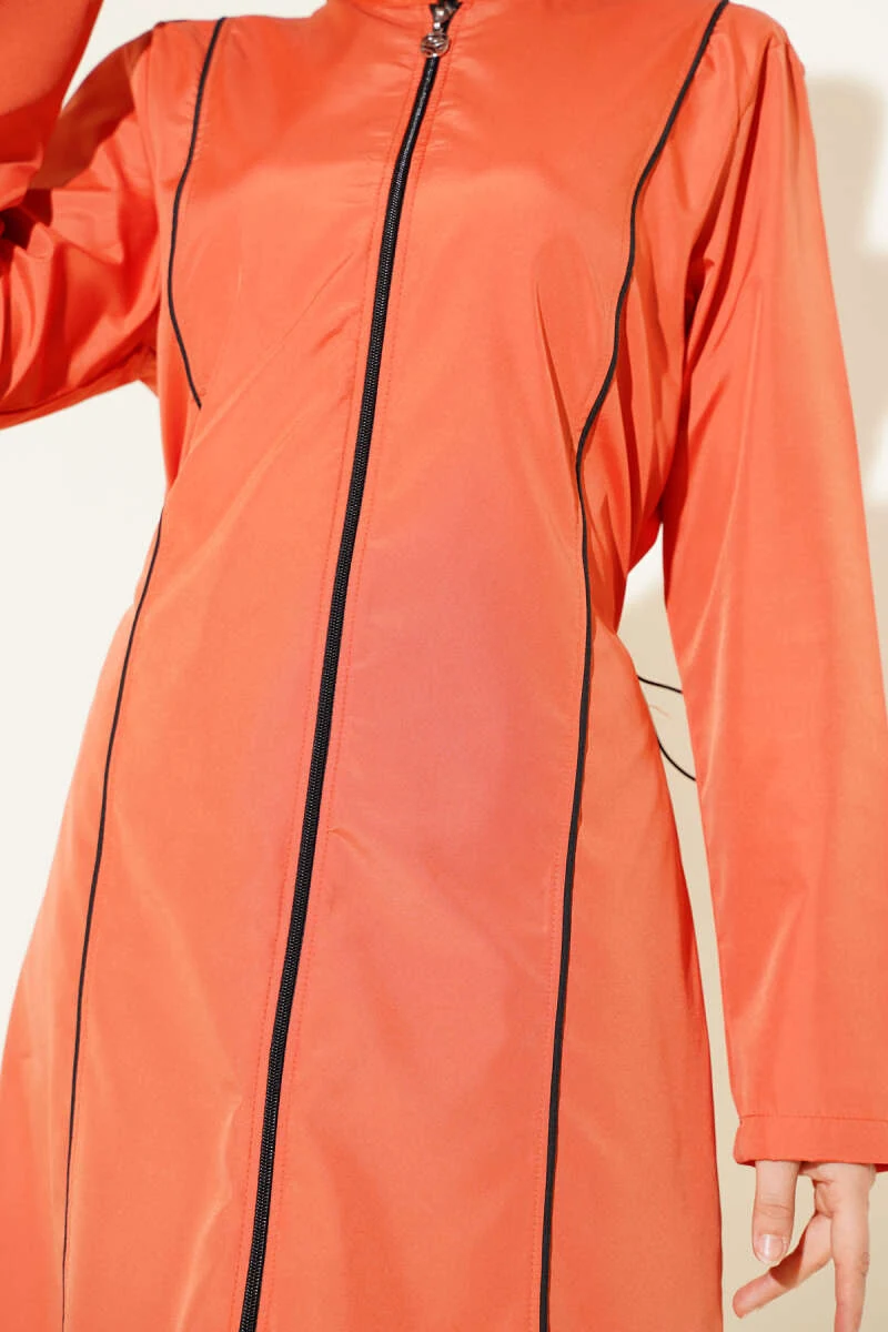 Metal Detailed Zippered Modest Swimsuit Cinnamon - الصورة 4