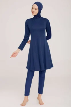 Vista alternativa di Metal Detailed Lycra Modest Swimsuit Light Navy