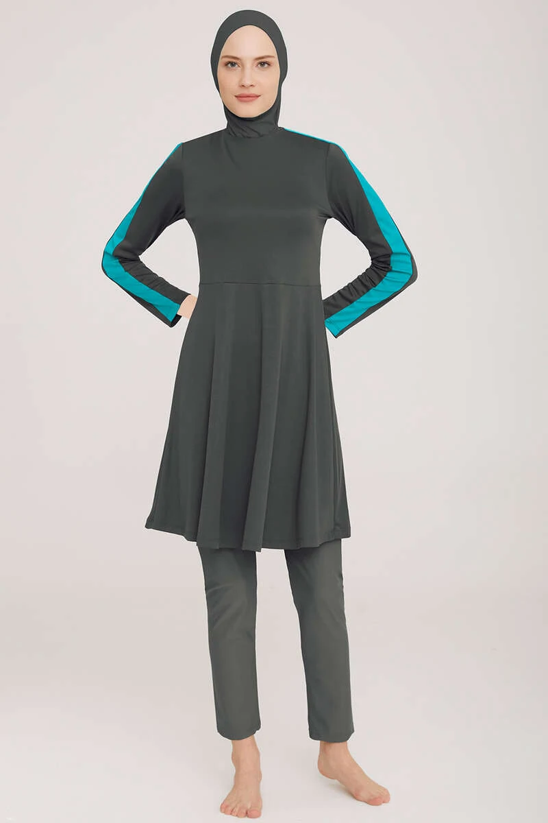 Metal Detailed Lycra Modest Swimsuit Anthracite - الصورة 2