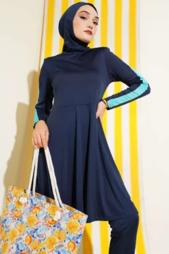 Vista alternativa di Metal Detailed Lycra Modest Swimsuit Dark Navy