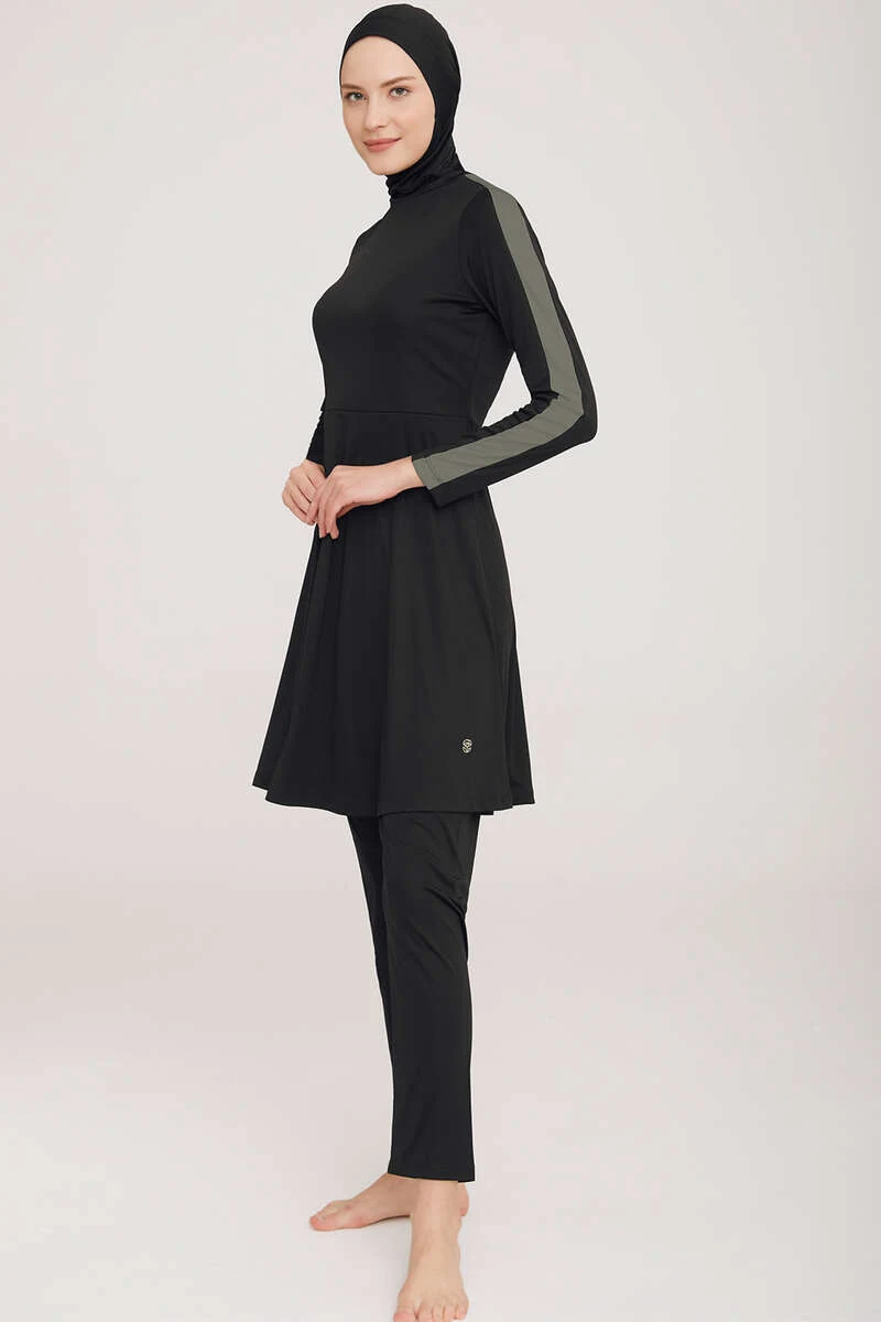 Metal Detailed Lycra Modest Swimsuit Black - Image 2