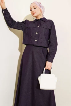 Denim Dress Set with Metal Buttoned Jacket Purple wholesale clothing set - Hicabistan Turkey factory