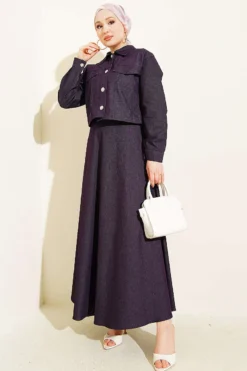 Denim Dress Set with Metal Buttoned Jacket Purple wholesale clothing set view 2 - Hicabistan Turkey factory