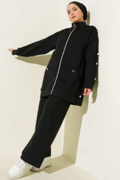 Metal Button Zip-Up Scuba Two-Piece Set Black
