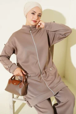 Metal Button Zip-Up Scuba Two-Piece Set Mink