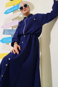 Metal Button Dress Set Navy Blue