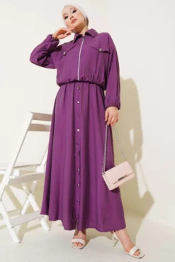 Metal Button Dress Set Purple