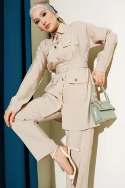 Alternative view of Metal Buttoned Belted Two-Piece Set Beige
