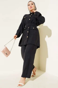 Alternative view of Metal Buttoned Belted Two-Piece Set Black