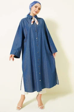 Oversized Long Denim Tunic with Metal Buttons