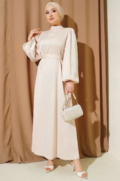 Alternative view of Mini Beaded Balloon Sleeve Satin Dress Beige