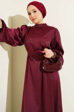 Alternative view of Mini Beaded Balloon Sleeve Satin Dress Burgundy