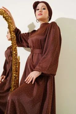 Alternative view of Mini Beaded Balloon Sleeve Satin Dress Brown