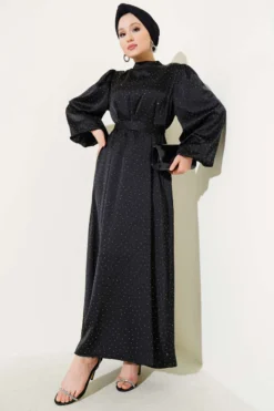 Mini Beaded Balloon Sleeve Satin Dress Black