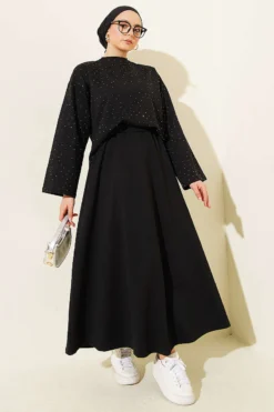 Mini Stone-Embellished Blouse and Skirt Set Black