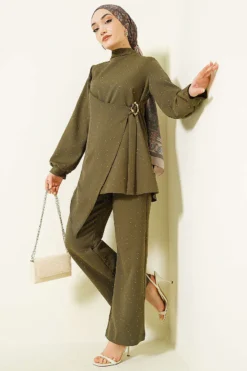 Mini Stone-Embellished Two-Piece Set Khaki