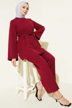 Mini Stone Embellished Belted Two-Piece Set Burgundy