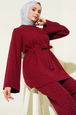 Alternative view of Mini Stone Embellished Belted Two-Piece Set Burgundy
