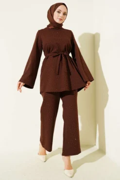 Mini Stone Embellished Belted Two-Piece Set Brown