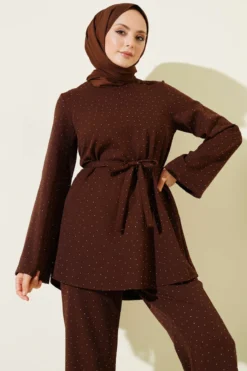 Alternative view of Mini Stone Embellished Belted Two-Piece Set Brown