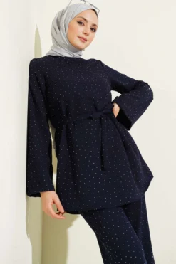 Alternative view of Mini Stone Embellished Belted Two-Piece Set Navy Blue