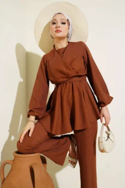 Cross Front Belted Two-Piece Set Brown