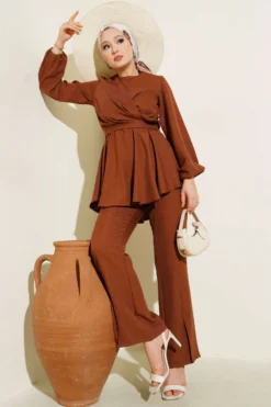 Alternative view of Cross Front Belted Two-Piece Set Brown