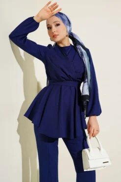 Alternative view of Cross Front Belted Two-Piece Set Navy Blue