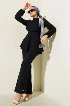 Cross Front Belted Two-Piece Set Black